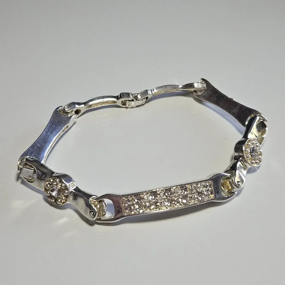 Vintage Silver Plated Clear Rhinestone Chunky Bracelet 8.25